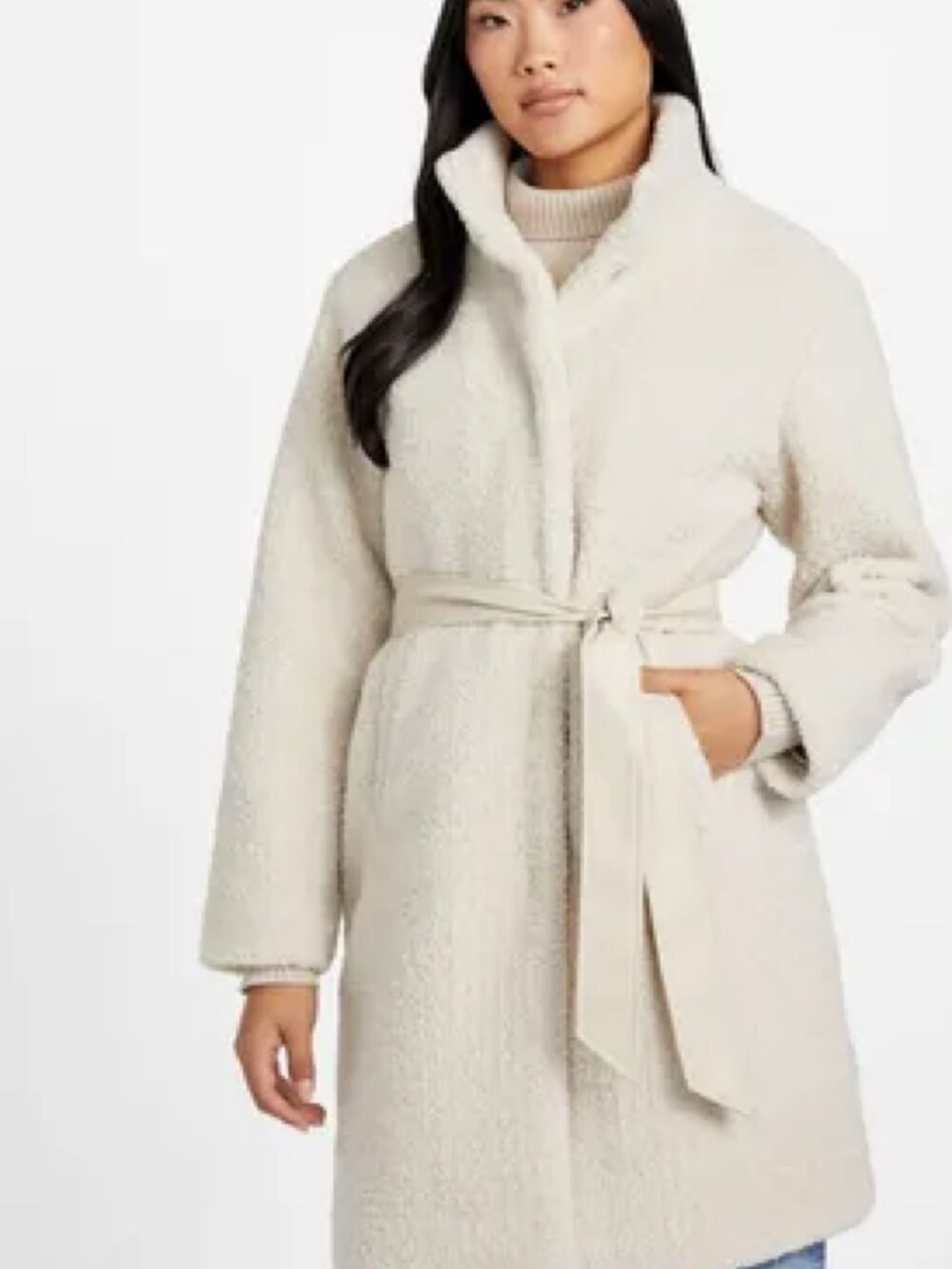 GUESS Laila Faux Fur Coat Vanilla Blush Cream Belted Teddy Coat M NWT